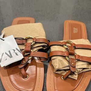Zara Cognac Leather Ring-Accent Slide Sandals